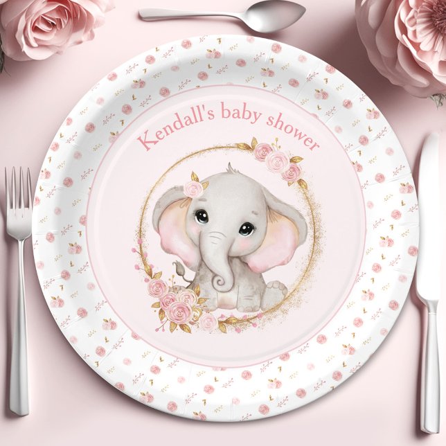 Plato De Papel Placas de papel Baby Shower de rosas rosadas para  (Cute Elephant Pink Roses Baby Shower Paper Plates)