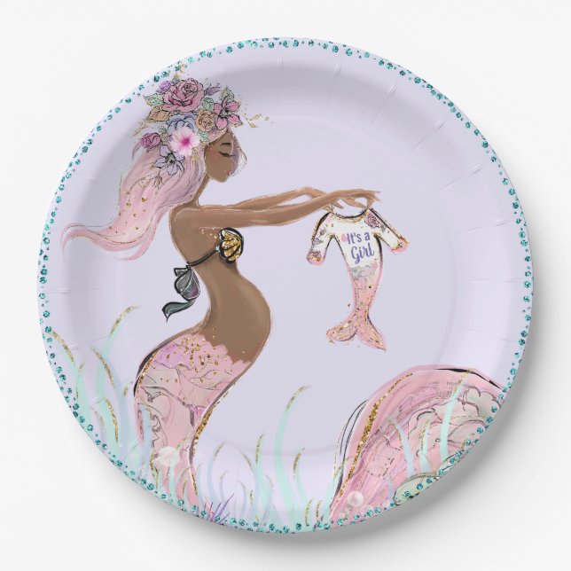 Plato De Papel Placas de papel Baby Shower de sirena de la comuni (Anverso)