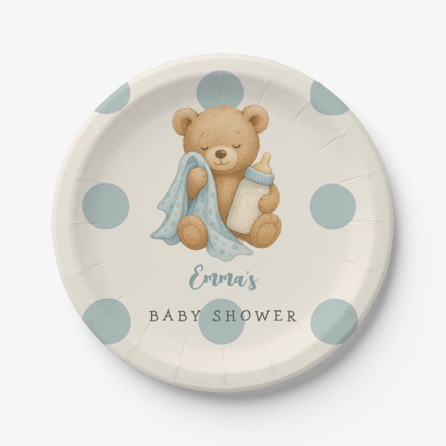 Plato De Papel Placas de papel Baby Shower de Teddy Bear Boy (Anverso)