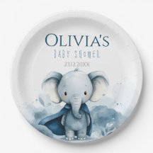 Placas de papel Baby Shower para elefantes azules