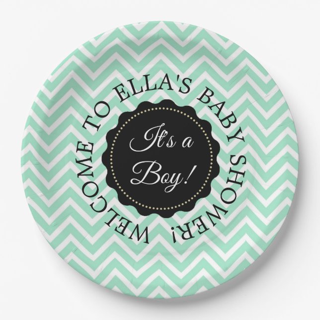 Plato De Papel Placas de papel Baby Shower Sage Chevron (Anverso)