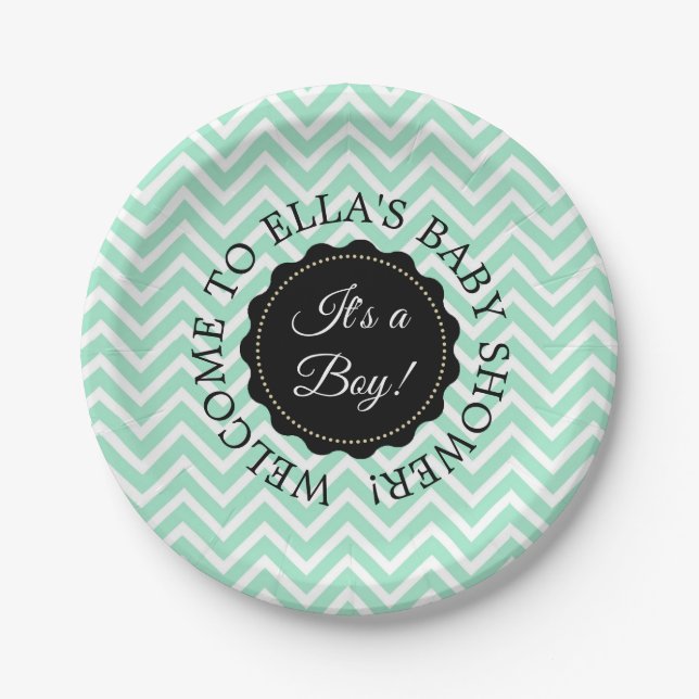 Plato De Papel Placas de papel Baby Shower Sage Chevron (Anverso)