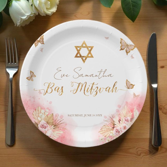 Plato De Papel Placas de papel Bat Mitzvah | Mariposas Rubor rosa (Subido por el creador)
