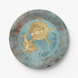 Plato De Papel Placas de papel "Bebé y mami delfines dorados"