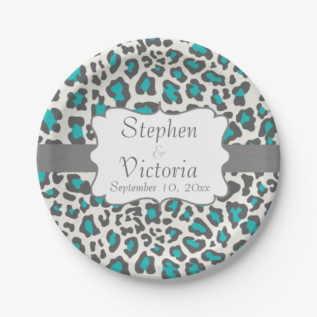 Plato De Papel Placas de papel blanco y gris de leopardo personal (Anverso)