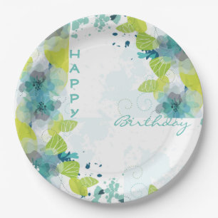 Plato De Papel Placas de papel Blue Floral Happy Birthday 9"