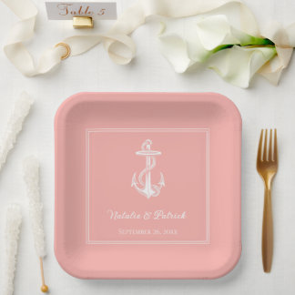 Plato De Papel Placas de papel Boda de anclaje náutico coral