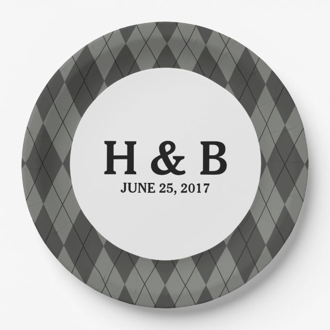 Plato De Papel Placas de papel Boda de Argyle gris (Anverso)