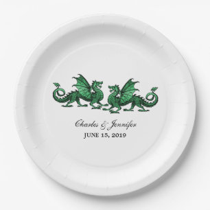 Plato De Papel Placas de papel Boda de Dragones verdes elegantes