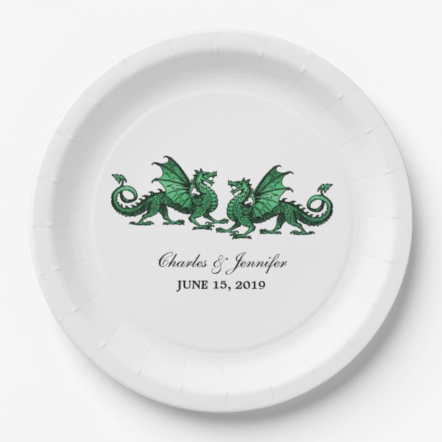Plato De Papel Placas de papel Boda de Dragones verdes elegantes (Anverso)