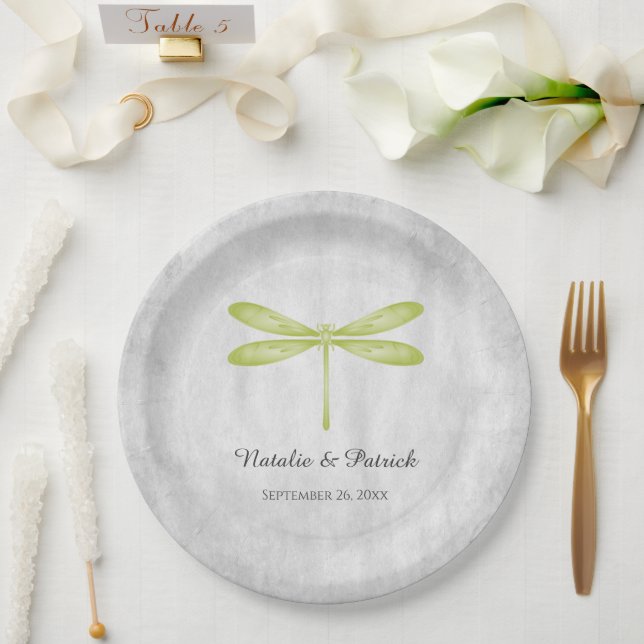 Plato De Papel Placas de papel Boda de la libélula verde (Boda)