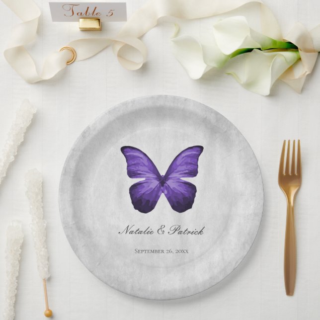 Plato De Papel Placas de papel Boda de mariposa morada (Boda)