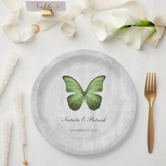 Plato De Papel Placas de papel Boda de mariposa verde (Boda)