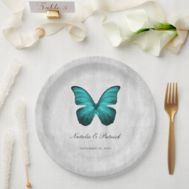 Plato De Papel Placas de papel Boda de mariposa verde azulada (Boda)