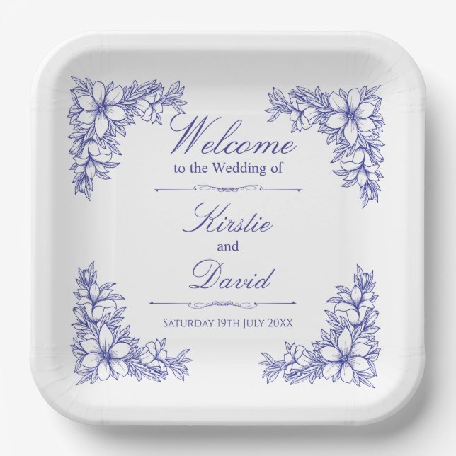 Plato De Papel Placas de papel Boda floral azul (Anverso)