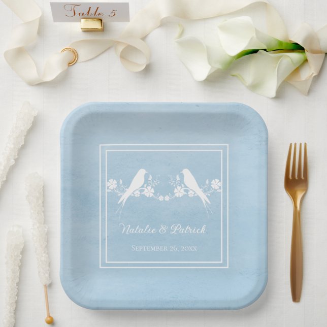 Plato De Papel Placas de papel Boda floral Blue Lovebirds (Boda)
