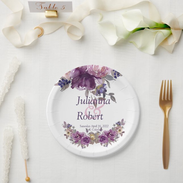 Plato De Papel Placas de papel boda floral de acuarela violeta (Boda)