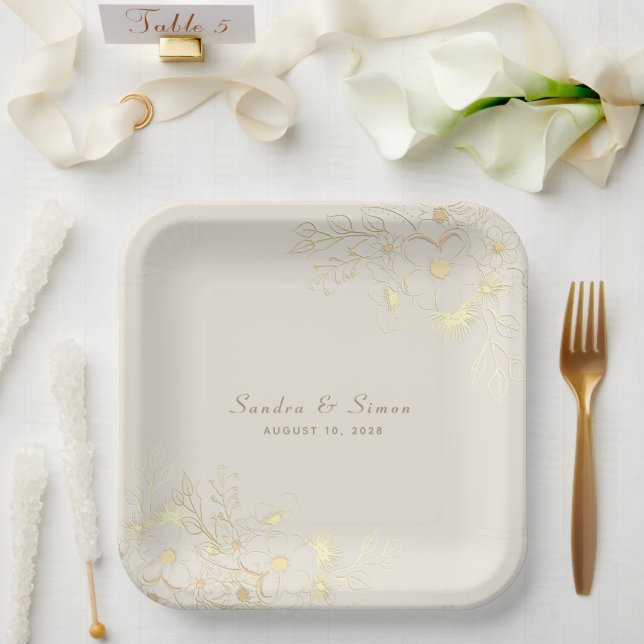 Plato De Papel Placas de papel Boda floral dorada (Boda)