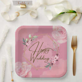 Plato De Papel Placas de papel Boda floral rosa