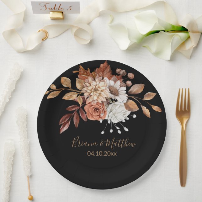Plato De Papel Placas de papel Boda negro con buquet floral otoño (Boda)