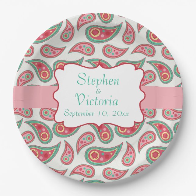 Plato De Papel Placas de papel Boda Paisley Monograma personaliza (Anverso)