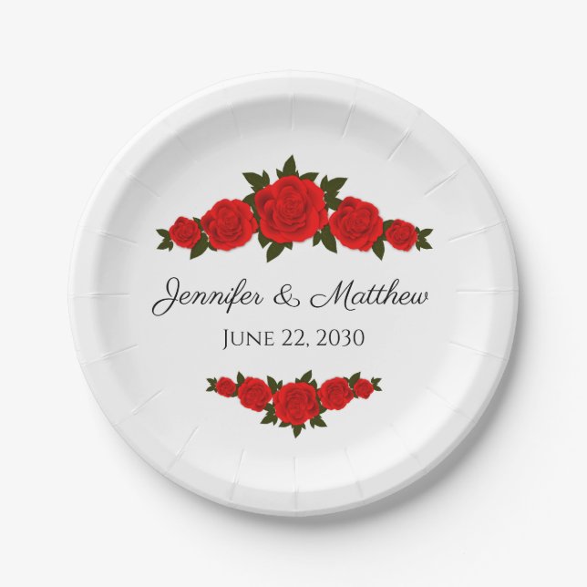 Plato De Papel Placas de papel Boda personalizadas con rosas roja (Anverso)