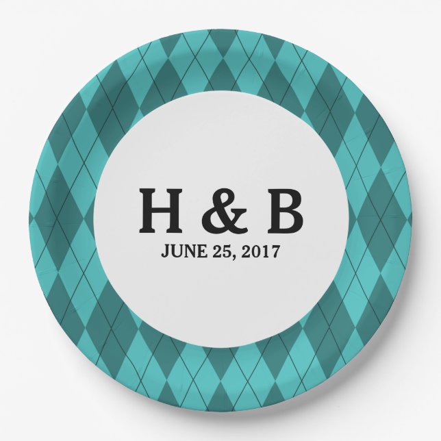 Plato De Papel Placas de papel Boda Turquoise Argyle (Anverso)