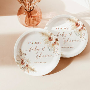 Plato De Papel Placas de papel Boho Baby Shower   Floral moderna