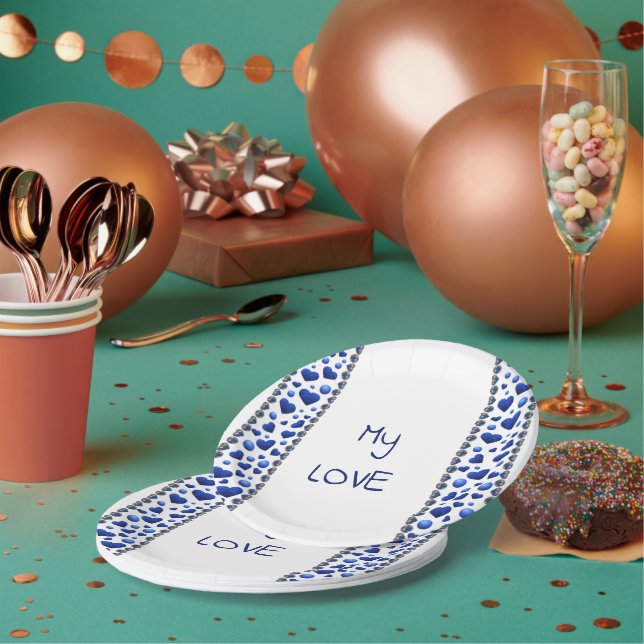 Plato De Papel Placas de papel cardíaco de purpurina azul (Multi)