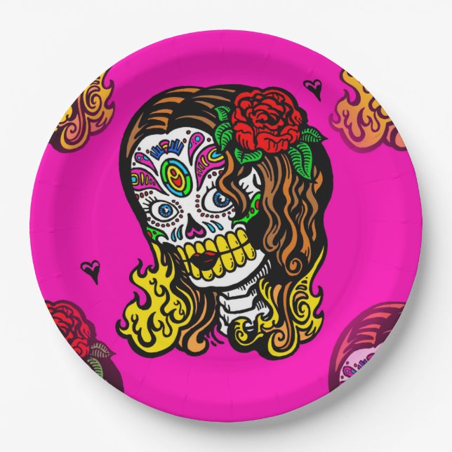 Plato De Papel placas de papel chica de cráneo de azúcar (Anverso)