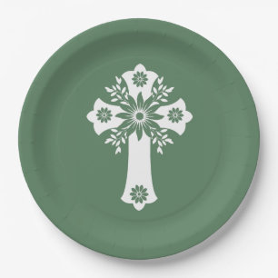 Plato De Papel Placas de papel Cruz Floral Fern Verde