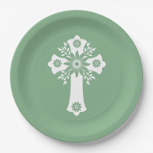 Plato De Papel Placas de papel Cruz Floral Verde
