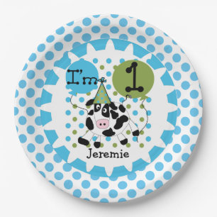 Plato De Papel Placas de papel cumpleaños azul de la vaca de los