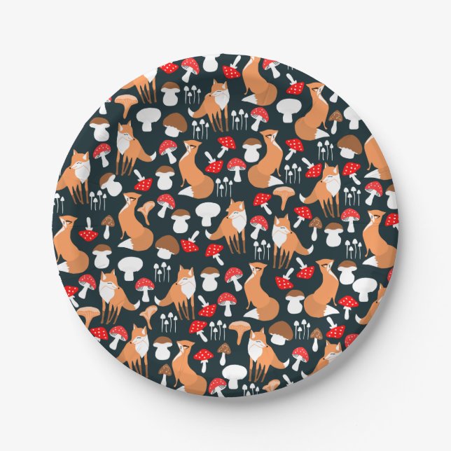 Plato De Papel Placas de papel Cute Fox y Mushrooms (Anverso)
