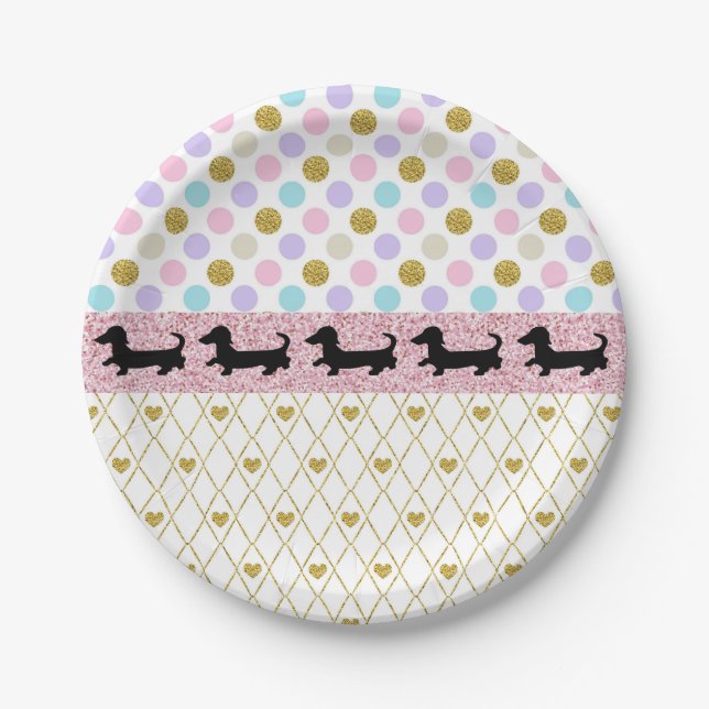 Plato De Papel Placas de papel Dachshund Purpurina Pastel de oro  (Anverso)