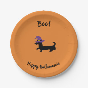 Plato De Papel Placas de papel Dachshund Witch Halloween, naranja