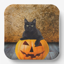 Placas de papel de 9", gato negro de Halloween en 