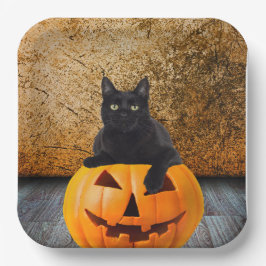 Plato De Papel Placas de papel de 9", gato negro de Halloween en 