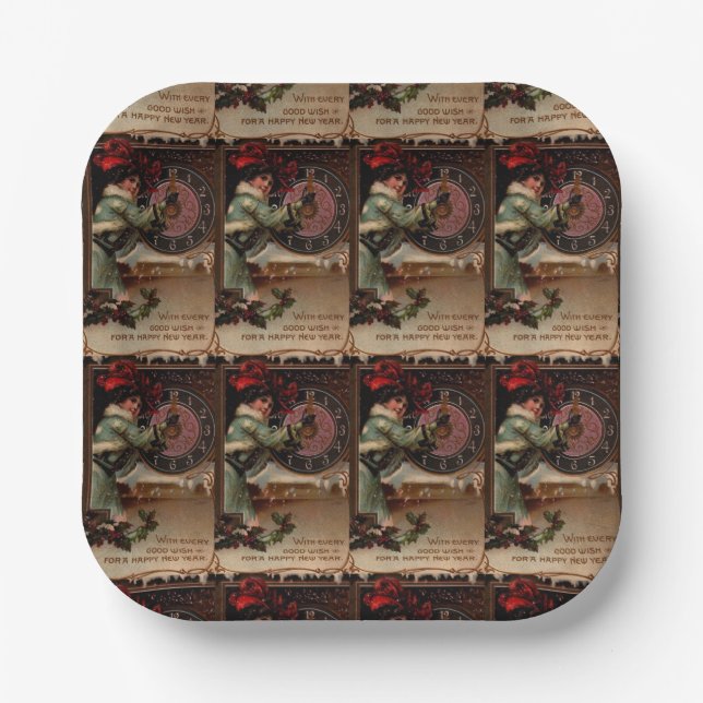 Plato De Papel Placas de papel de Año Nuevo Feliz para Lady Vinta (Anverso)