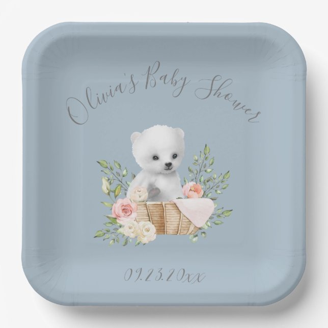 Plato De Papel Placas de papel de Baby Shower azul para oso polar (Anverso)