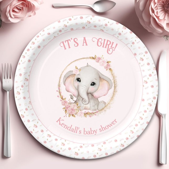 Plato De Papel Placas de papel de Baby Shower rosadas para elefan (Cute Elephant Pink Baby Shower Paper Plates)