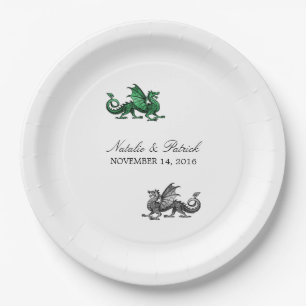 Plato De Papel Placas de papel de Boda de dragón verde de plata