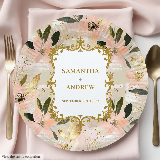 Plato De Papel Placas de papel de Boda dorado de Rubor bonito (Pretty Blush Gold Wedding Paper Plates)