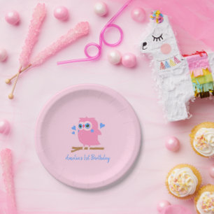 Plato De Papel Placas de papel de búho rosado personalizadas