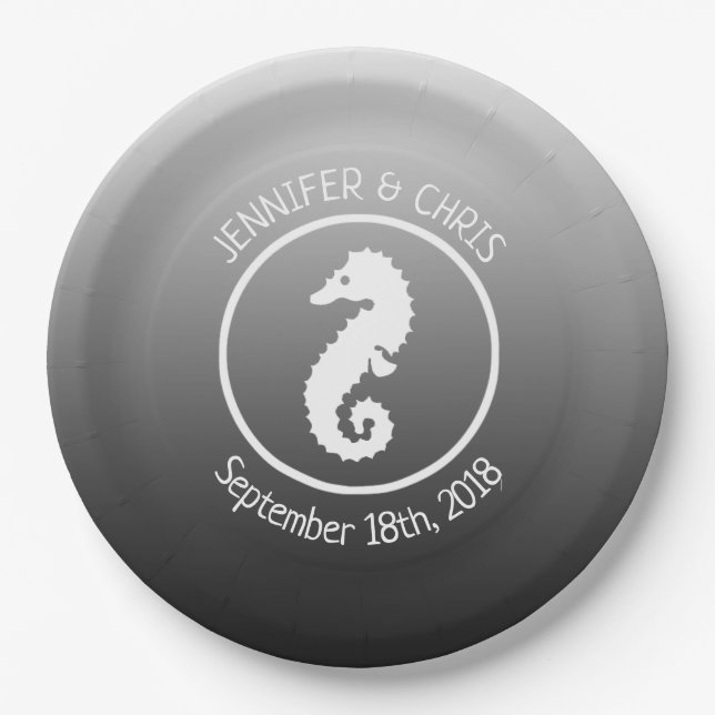 Plato De Papel Placas de papel de caballito de mar negro y blanco (Anverso)