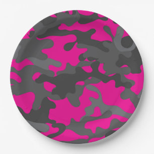Plato De Papel Placas de papel de camuflaje rosa y gris brillante