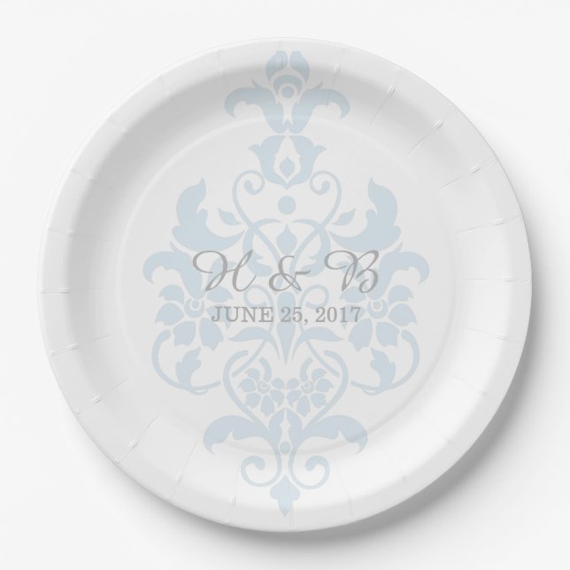 Plato De Papel Placas de papel de casamiento de Damask sutiles az (Anverso)