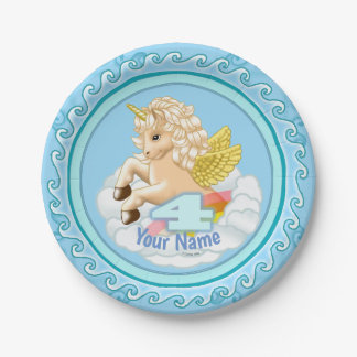 Plato De Papel Placas de papel de cumpleaños de 4 años de Unicorn