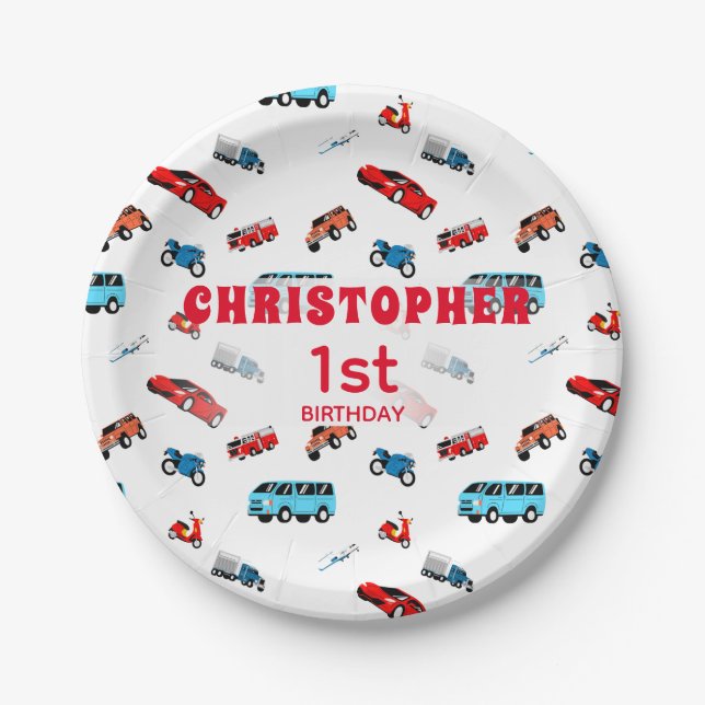 Plato De Papel Placas de papel de cumpleaños de los vehículos de  (Anverso)