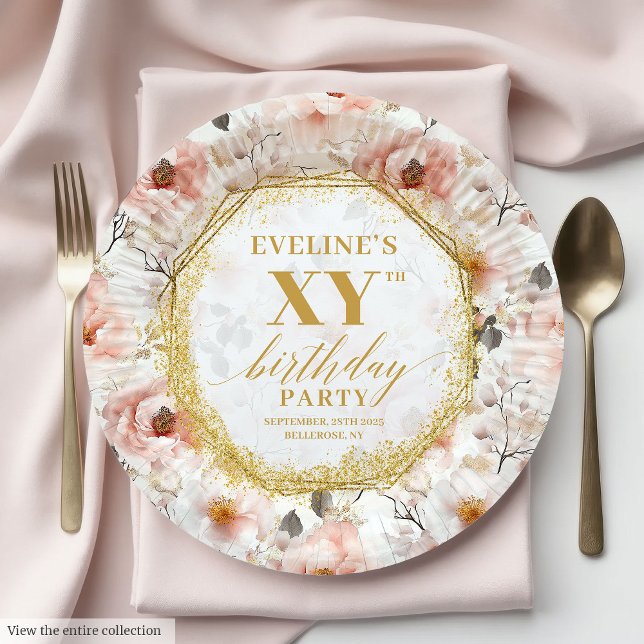 Plato De Papel Placas de papel de cumpleaños de marfil floral (Feminine Floral Ivory Gold Birthday Paper Plates

)
